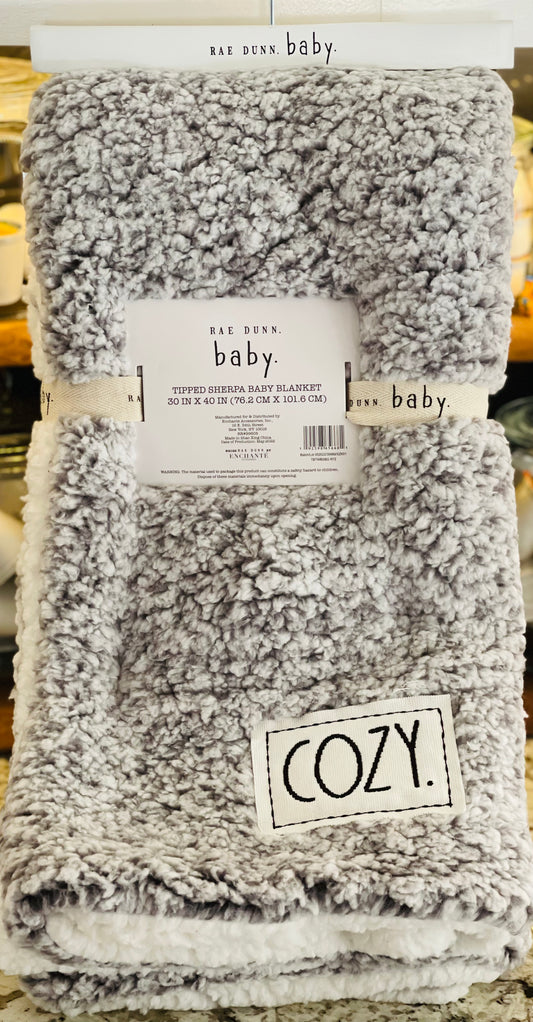 New Rae Dunn baby Sherpa blanket gray-COZY 30x40