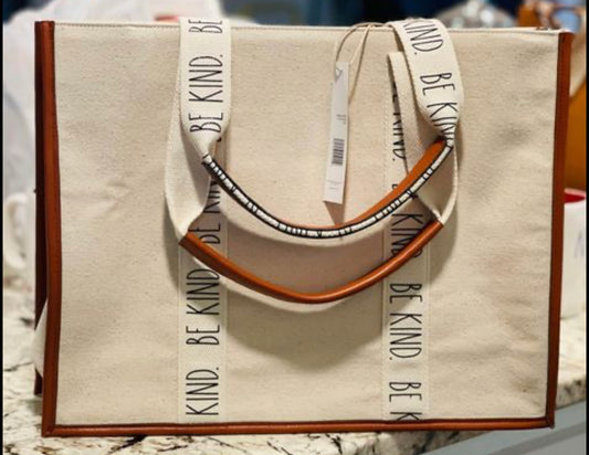 New Rae Dunn beige pleather 16x12.5 trimmed canvas tote BE KIND