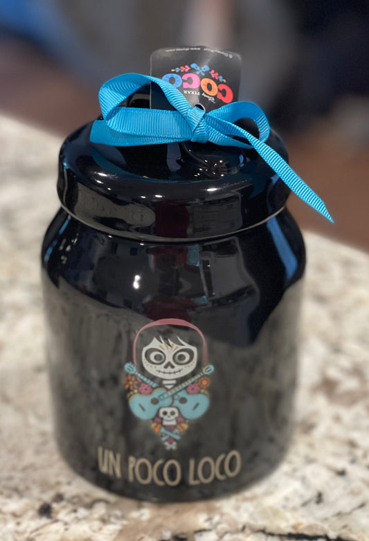 New Rae Dunn black iridescent ceramic Pixar COCO movie baby canister UN POCO LOCO