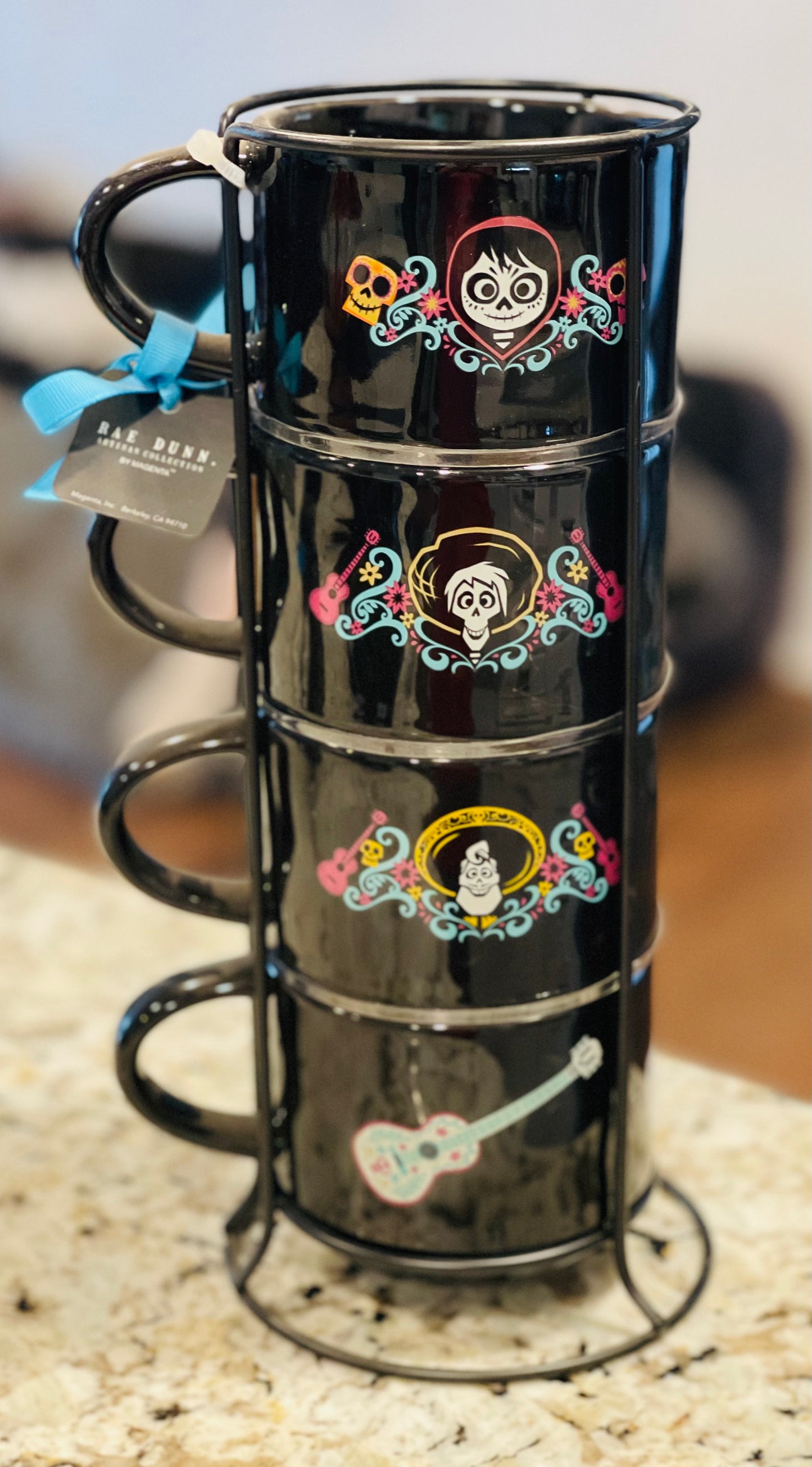 New Rae Dunn black iridescent ceramic Pixar COCO movie coffee mug stacker set