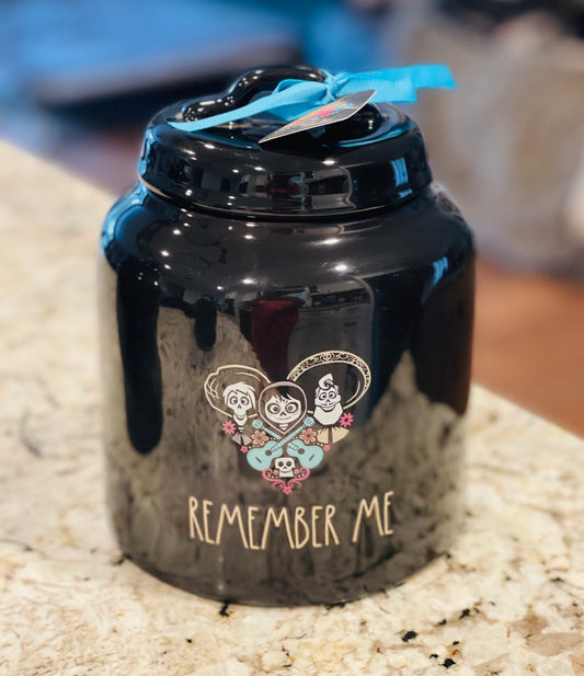 New Rae Dunn black iridescent fat lid cookie jar canister Pixar Coco movie-REMEMBER ME