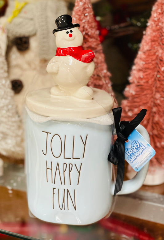 New Rae Dunn Frosty The Snowman topper ceramic coffee mug-JOLLY HAPPY FUN