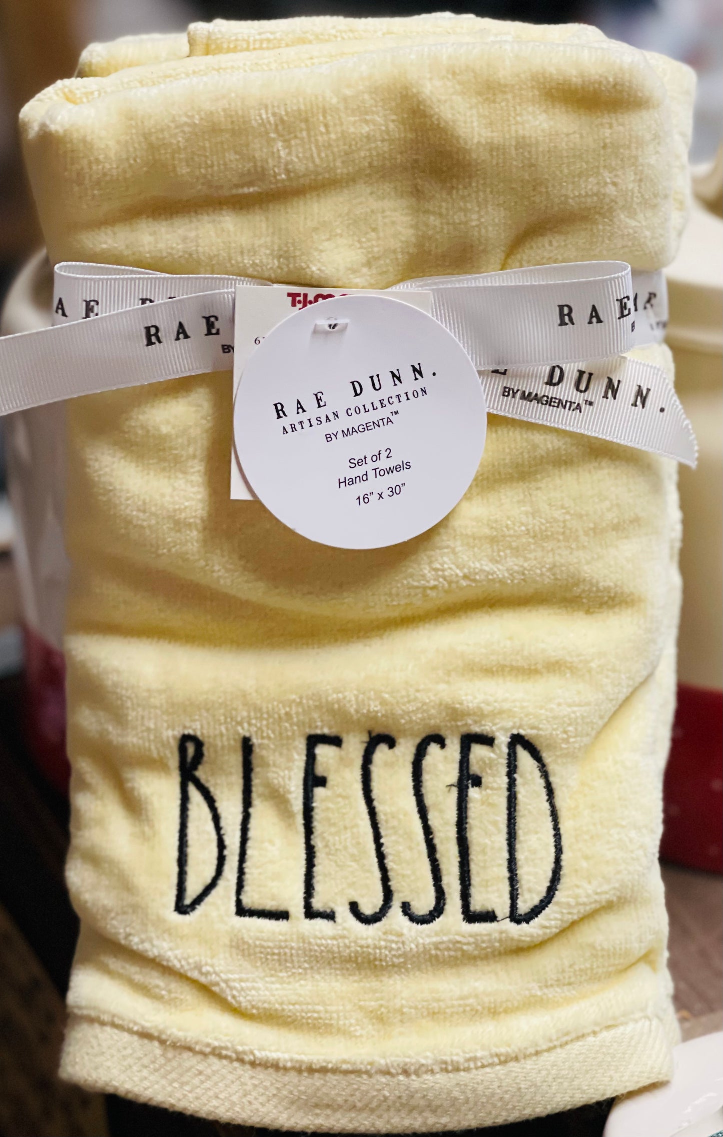 New Rae Dunn 2-piece Bathroom Hand Towel Set (2)  -BLESSED yellow