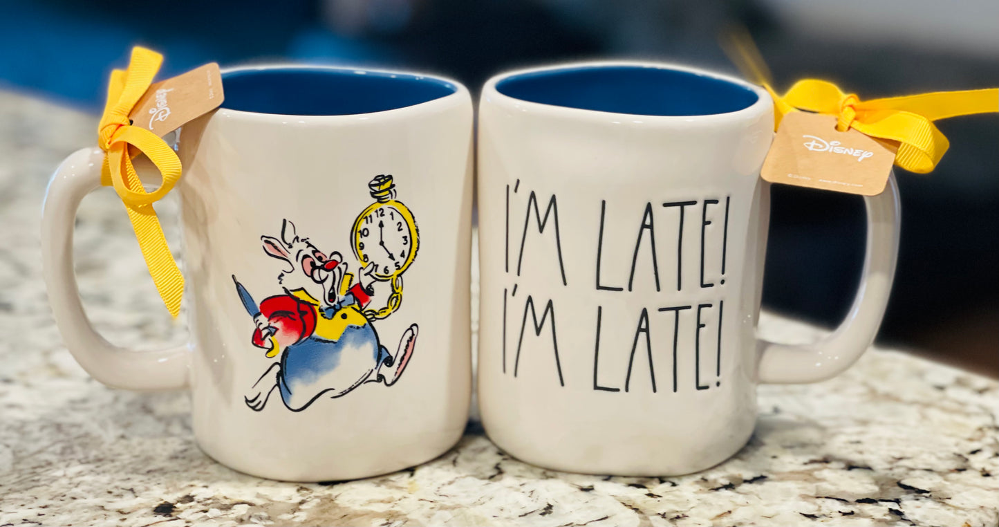 New Rae Dunn ceramic ALICE IN WONDERLAND Movie line coffee mug IM LATE IM LATE!