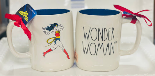 New Rae Dunn white ceramic coffee mug WONDER WOMAN blue interior