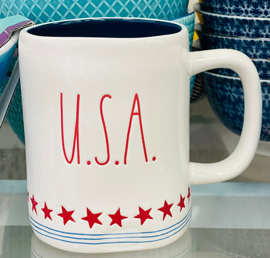 New Rae Dunn Ceramic coffee mug USA stars & stripes