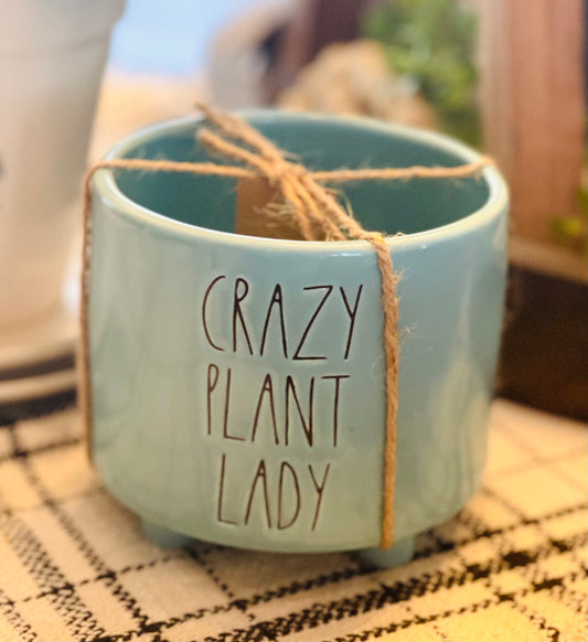 Rae Dunn ceramic blue CRAZY PLANT LADY planter