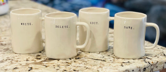 Rae Dunn ceramic Typewriter 4-piece coffee mug set