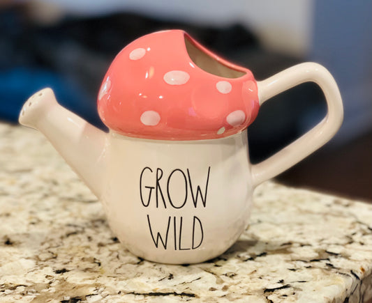 New Rae Dunn pink and white ceramic mushroom watering can GROW WILD