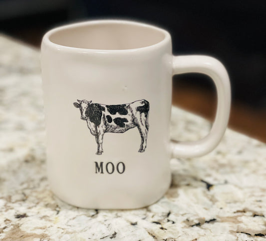 New Rae Dunn white ceramic Farm line cow MOO Coffee mug