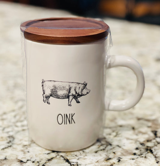 New Rae Dunn white ceramic Farm Line OINK pig coffee mug
