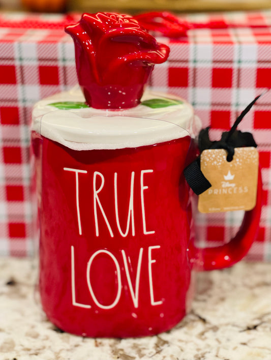 New Rae Dunn Disney Beauty & The Beast Rose topped coffee mug TRUE LOVE
